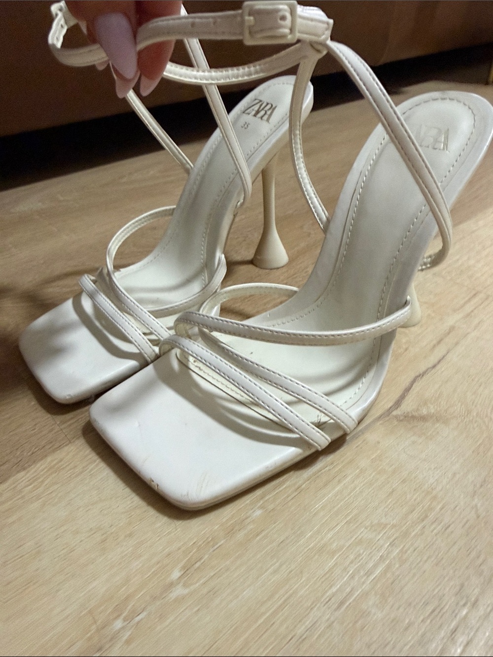 Zara Cream Strappy Square-Toe Stiletto Sandals